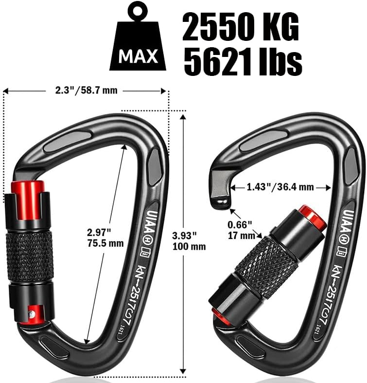 CTrowelpro UIAA Certified 25KN Carabiner Heavy Duty, Auto Locking Carabiners Clips, 6PCS Black Carabiner for Swing, pet Traction,3.93 Inch D Shaped, Large Size - Image 2